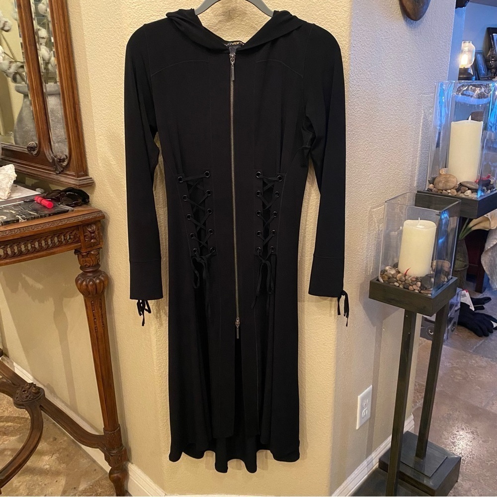 EVO VORRO Women Black Long Sleeve Hooded Lace Up Long Jacket Dress Size Small